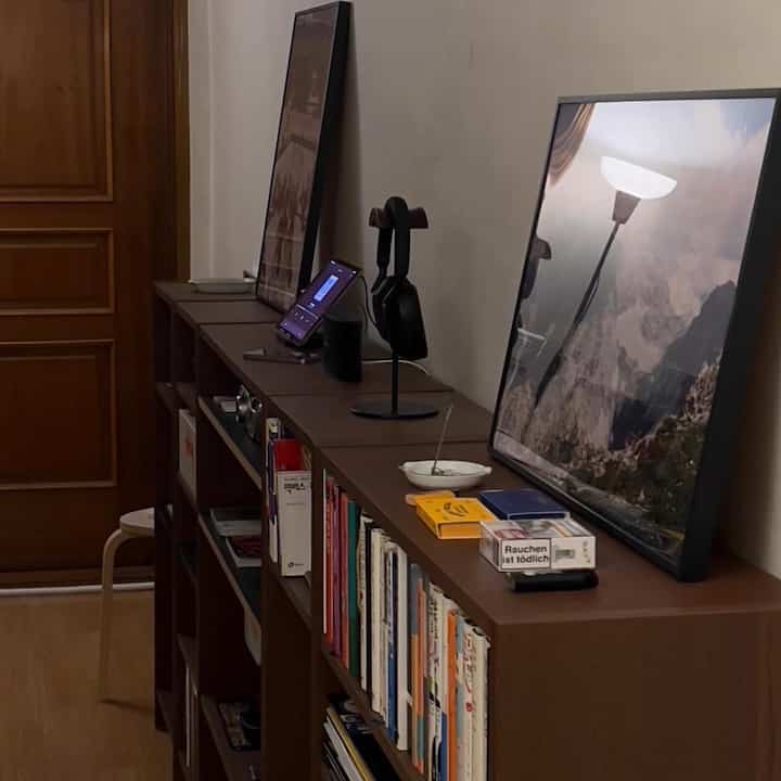 Wood-toned bookshelves and dark brown door in a narrow, organized corridor space