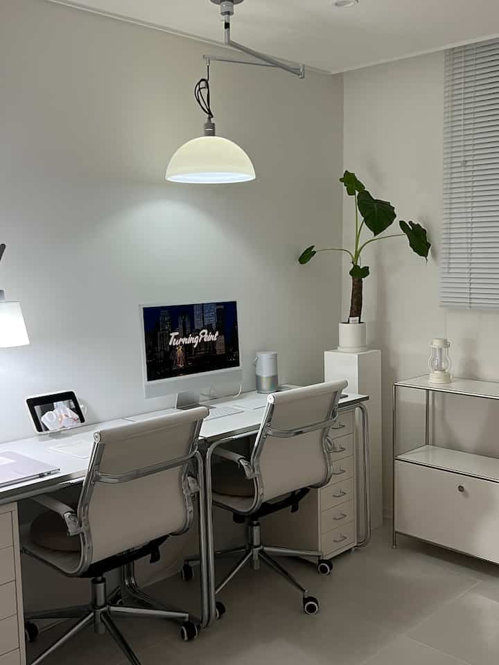 White-toned study featuring two desks and office chairs, ceiling light, and a plant in a clean modern space