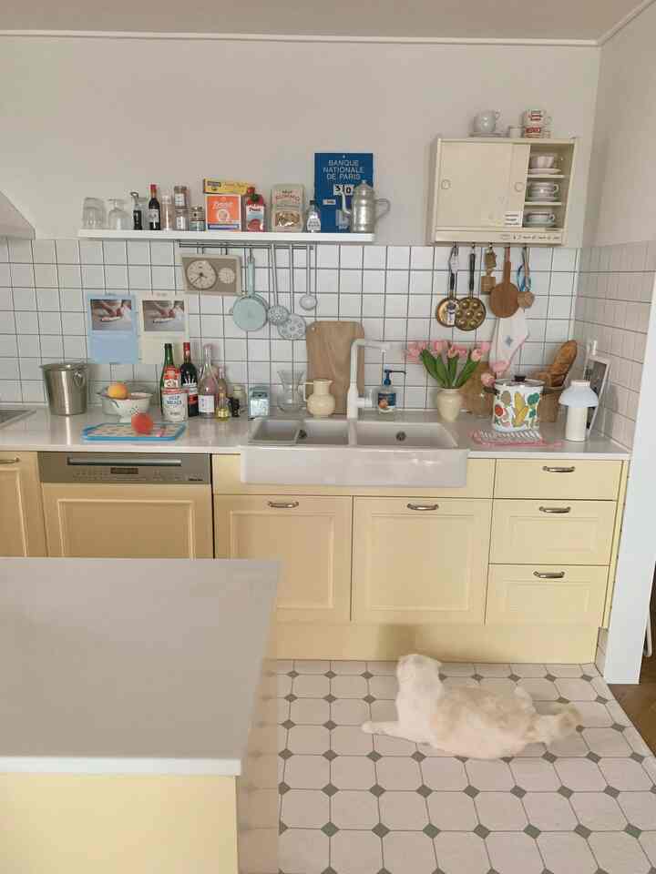 White and butter yellow toned kitchen featuring a sink and rug, creating a cozy home cafe style interior