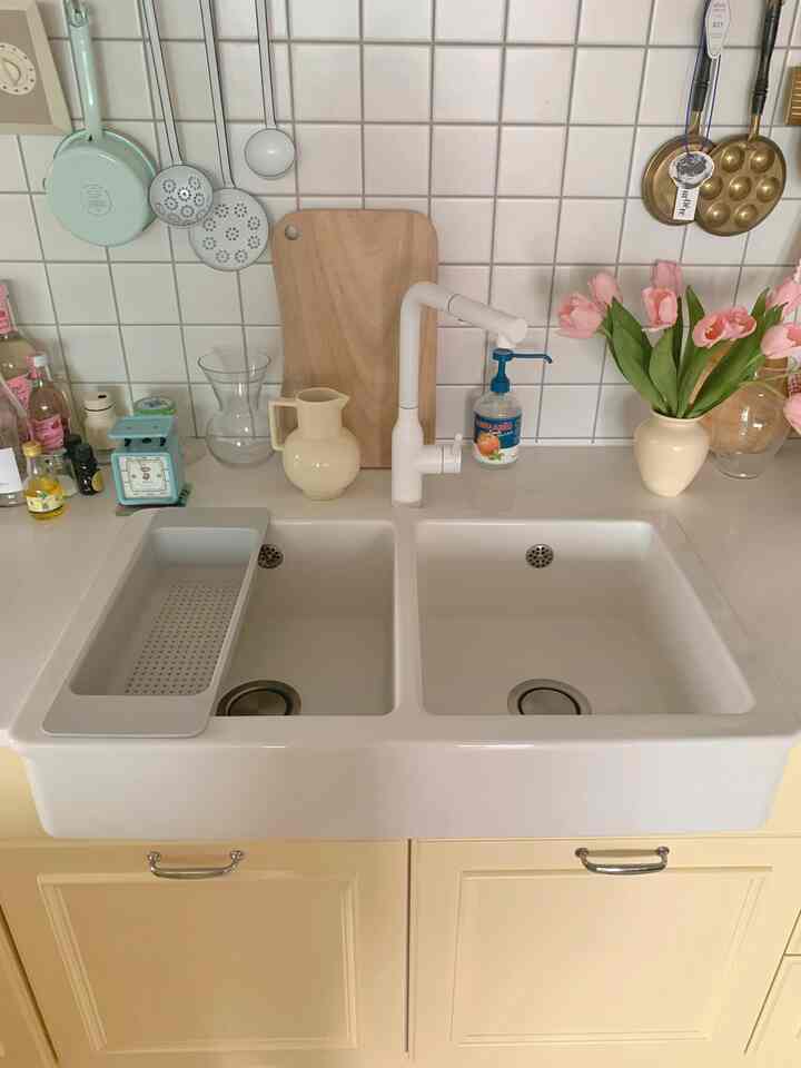 White-toned kitchen featuring a double ceramic sink bowl and a flower vase, creating a cozy atmosphere