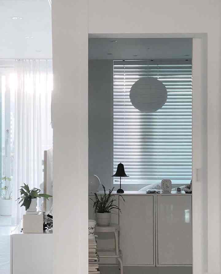 Bright white-toned entrance and window area featuring wood blinds, pendant light, and plants in a clean modern interior