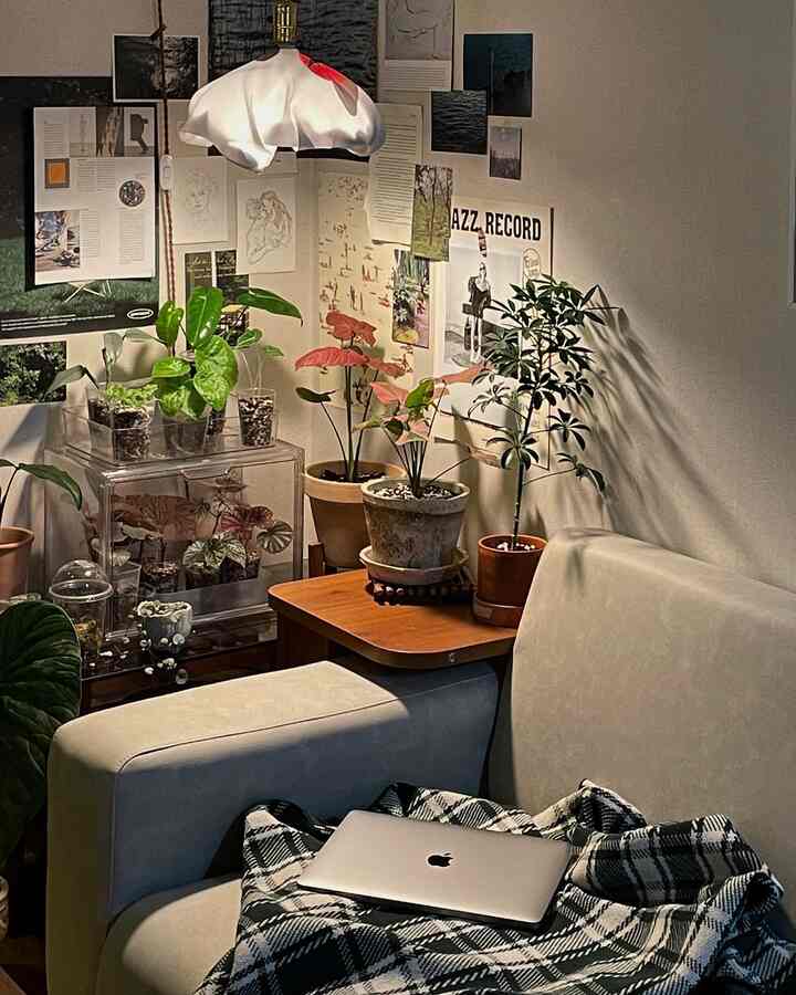 ベージュのソファとサイドテーブル、多様な観葉植物が配置されたナチュラルな雰囲気のリビング