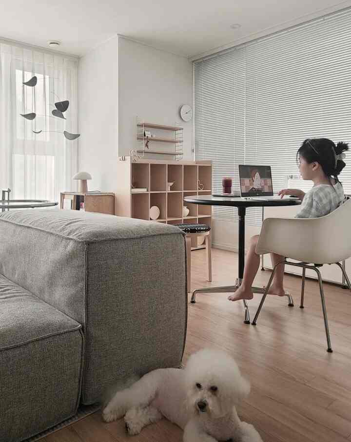Natural color living room featuring sofa, wooden shelves, and white blinds creating a calm atmosphere