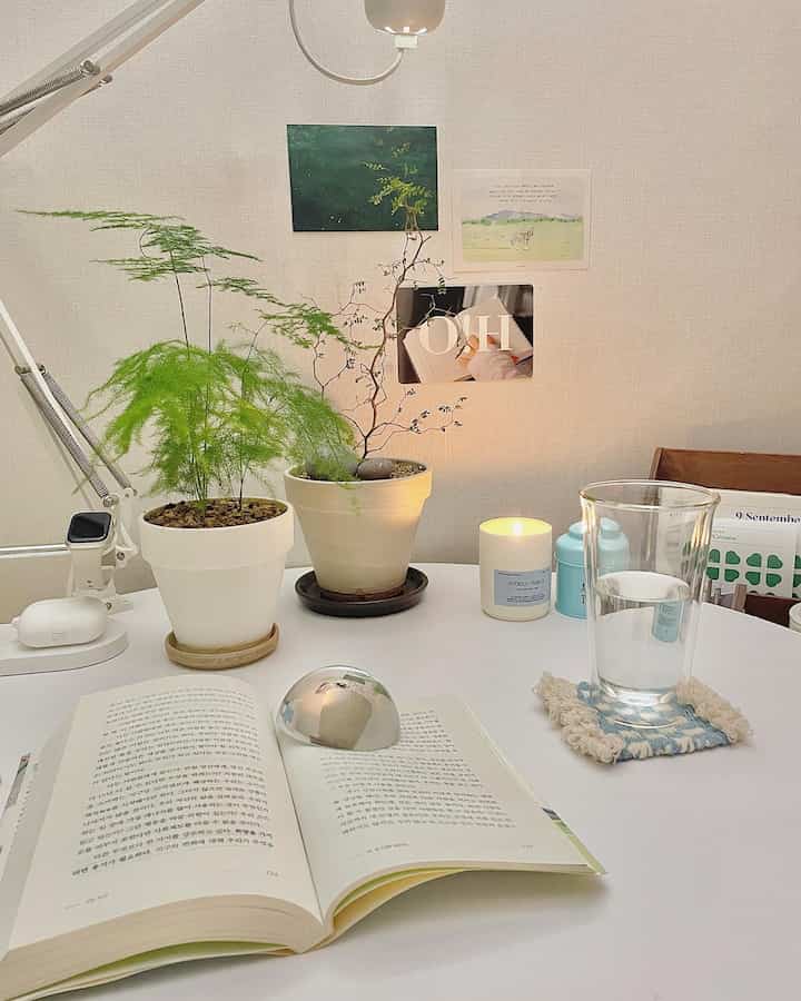 Minimal white and beige toned home office space with book and plants on a neat, warm-toned table