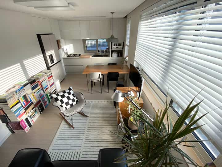 Bright white and wood-tone studio apartment kitchen and living area with simple modern furniture, blinds, and plants for a cozy atmosphere
