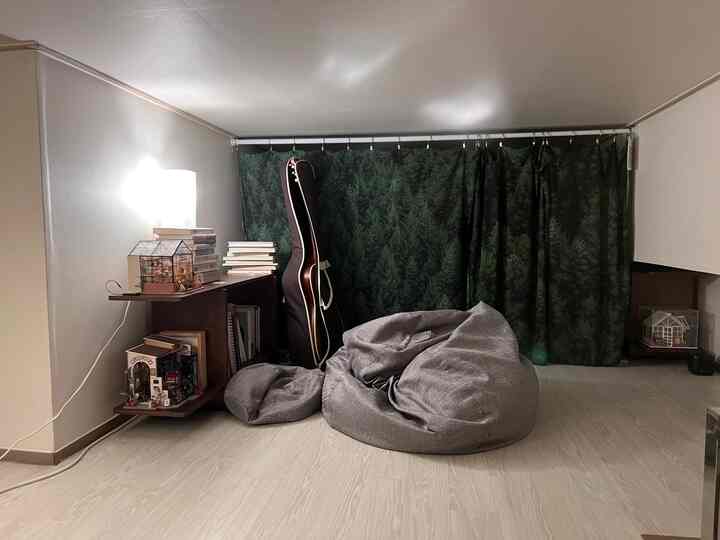 Beige-toned floor and walls in a low-ceiling loft space featuring forest-pattern curtains, guitar, bean bag, and bookshelf creating a cozy interior
