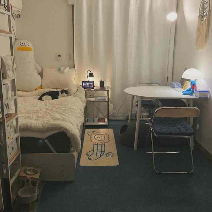 暖かいベージュと白を基調とした小さな寝室、猫がベッドにいてミニマルな机が配置された雰囲気のあるインテリア
