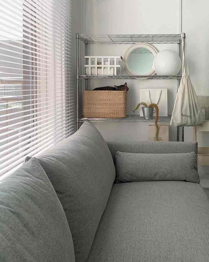 Bright living room with white walls and gray sofa, featuring a natural tone with a cat resting in a rattan basket on shelves
