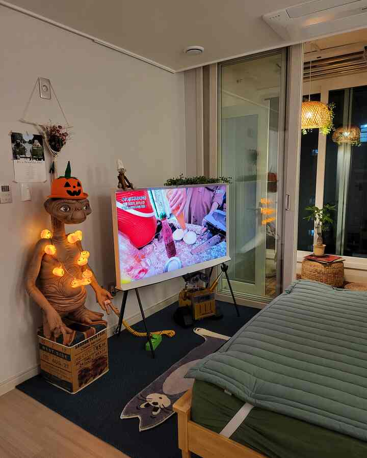 Natural-toned studio living and bedroom space featuring TV stand and pendant lights with a cozy atmosphere