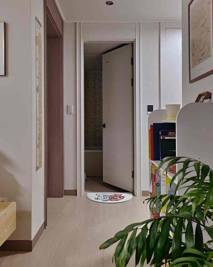 White and wood tone narrow hallway-style living space featuring bookshelf and plant with cozy atmosphere