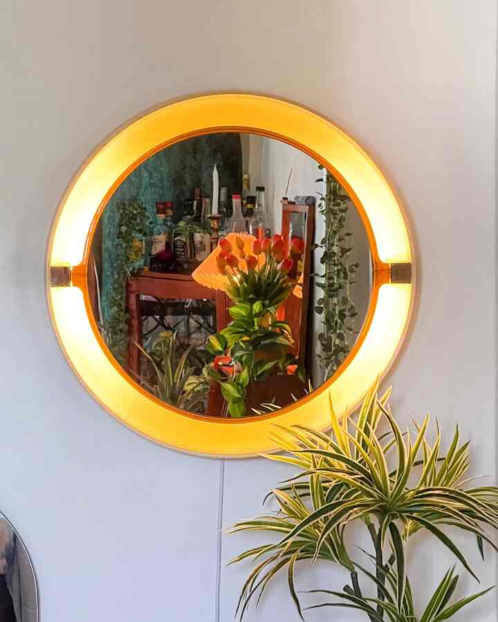 温かみのあるイエローライトが灯る壁掛けヴィンテージミラーと植物を配した雰囲気のあるインテリア