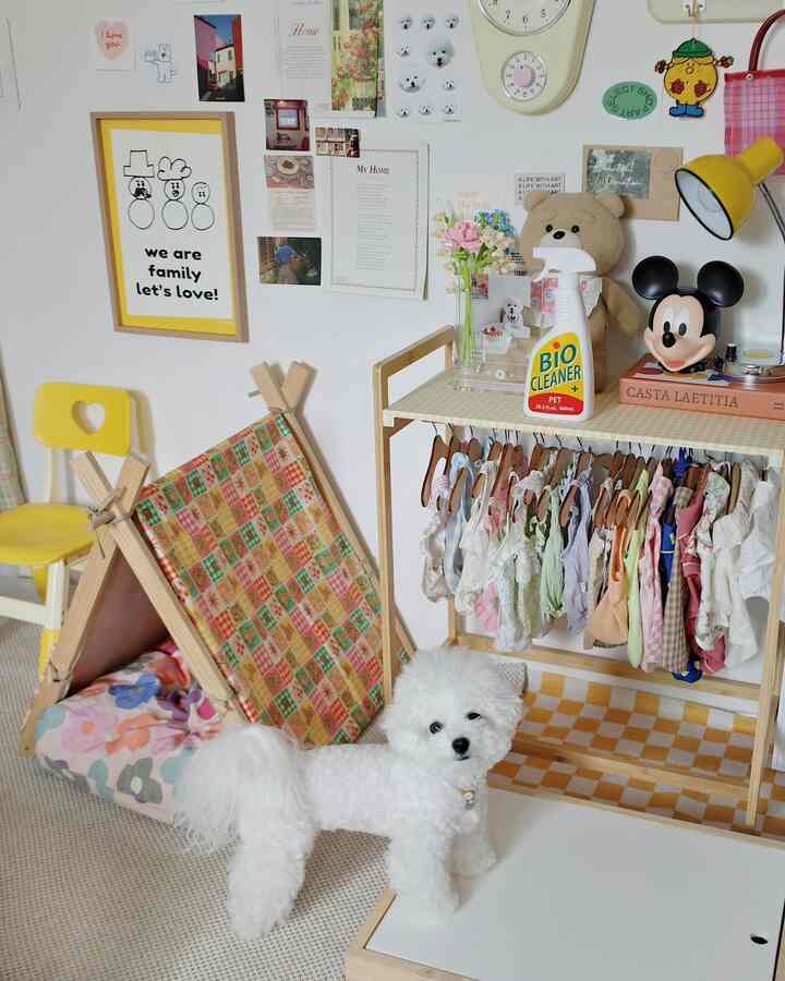 A small room in white and yellow tones featuring a pet house and closet with pet clothes, creating a cozy atmosphere