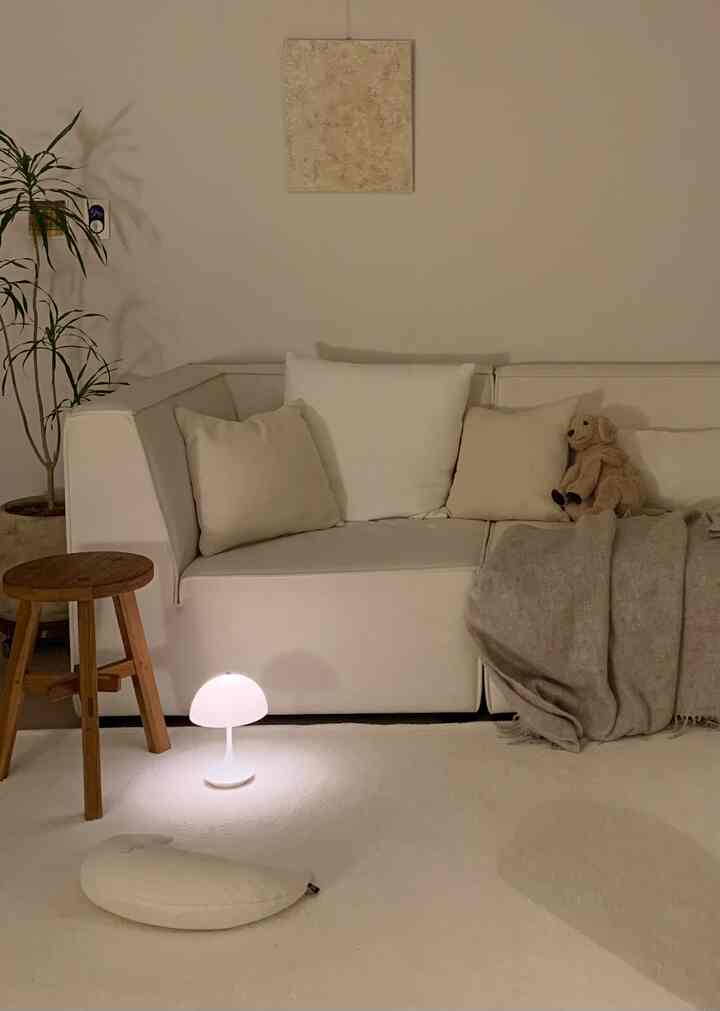 White and beige toned living room featuring a white modular sofa, wooden stool, blanket, and dog plush creating a cozy atmosphere