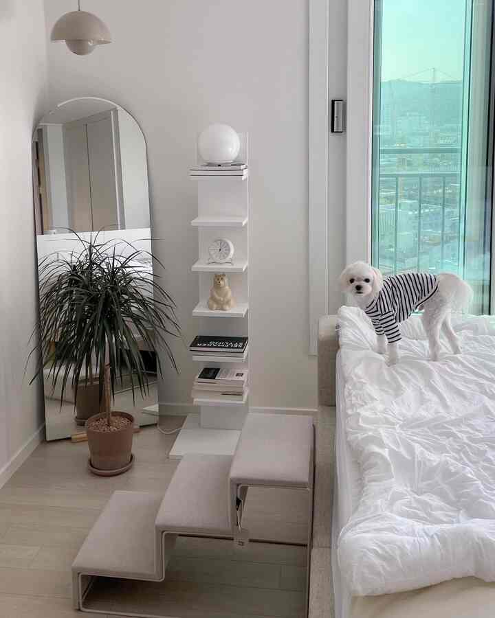 White and natural-toned bedroom space featuring pet steps and bookshelf with a small dog on the bed, creating a cozy interior