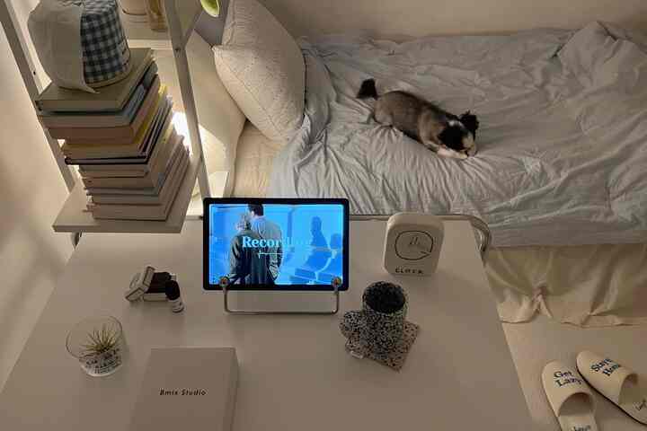 White-toned bedroom featuring a white desk and bed with a small dog, creating a cozy home office space