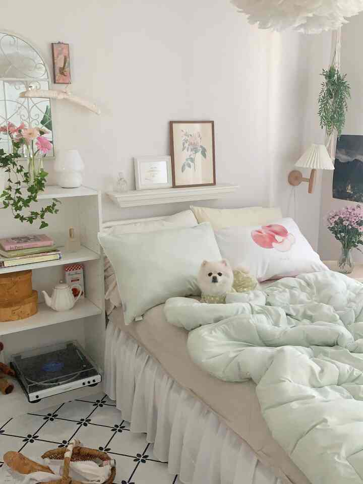 White and beige toned bedroom featuring soft fabric bedding with a small dog, creating a cozy atmosphere