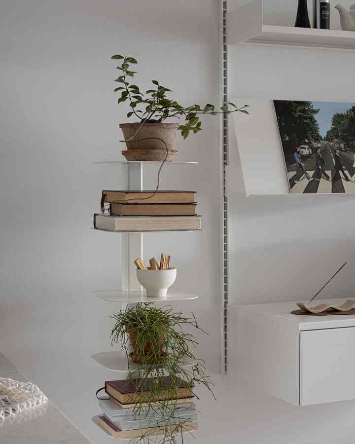 White-toned interior space featuring a minimal shelf decorated with vintage books and plants in harmony