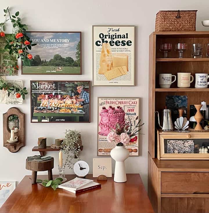 Cozy natural living room corner with wood tones and decorative posters on the wall