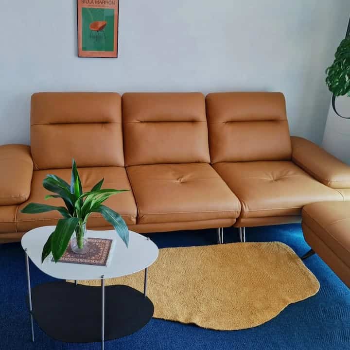 Cozy compact living room featuring warm brown sofa and stool, accented with a yellow rug and green plants