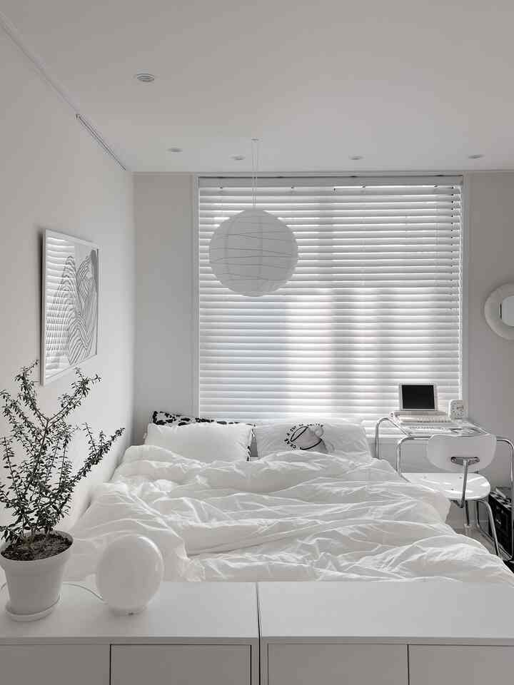 Bright white bedroom featuring a centrally placed bed with desk and plant on sides, creating a simple atmosphere