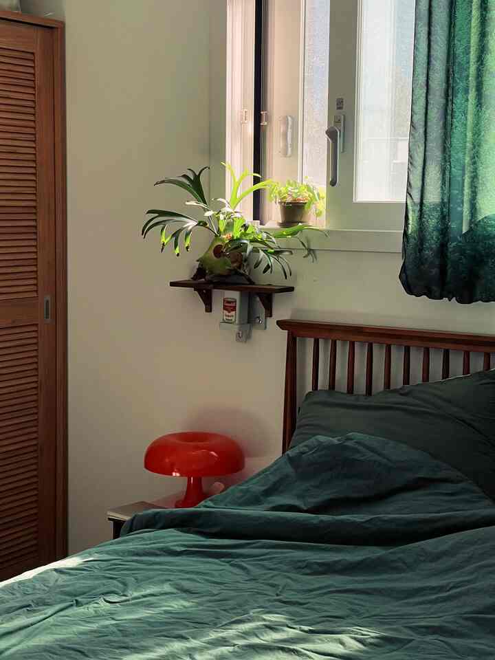 Natural wood tone bedroom featuring a wooden bed frame, plants on a window shelf, and dark green curtains creating a cozy ambiance