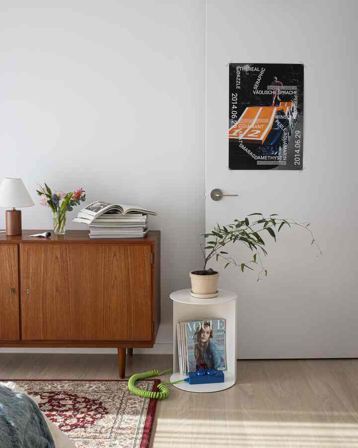 Natural modern living room with white walls and door featuring brown wooden cabinet and a potted plant