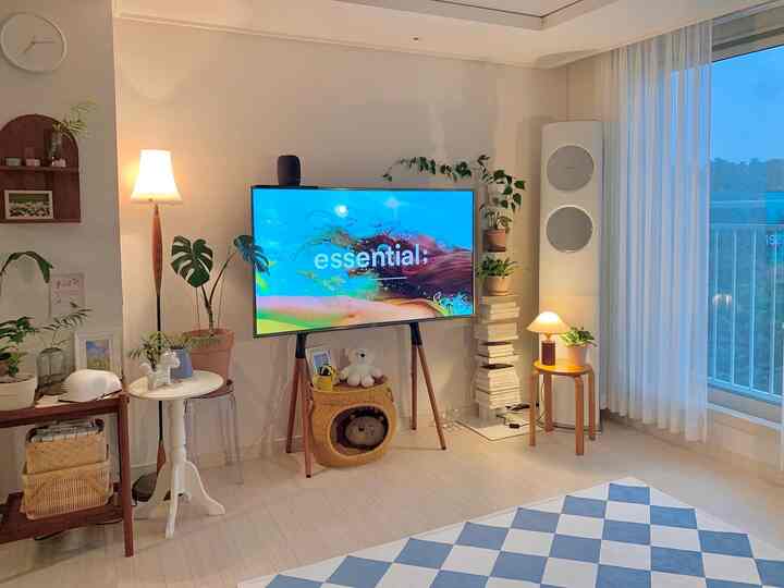 White and wood tone living room featuring TV stand and cat house, natural elements and plants creating a cozy atmosphere