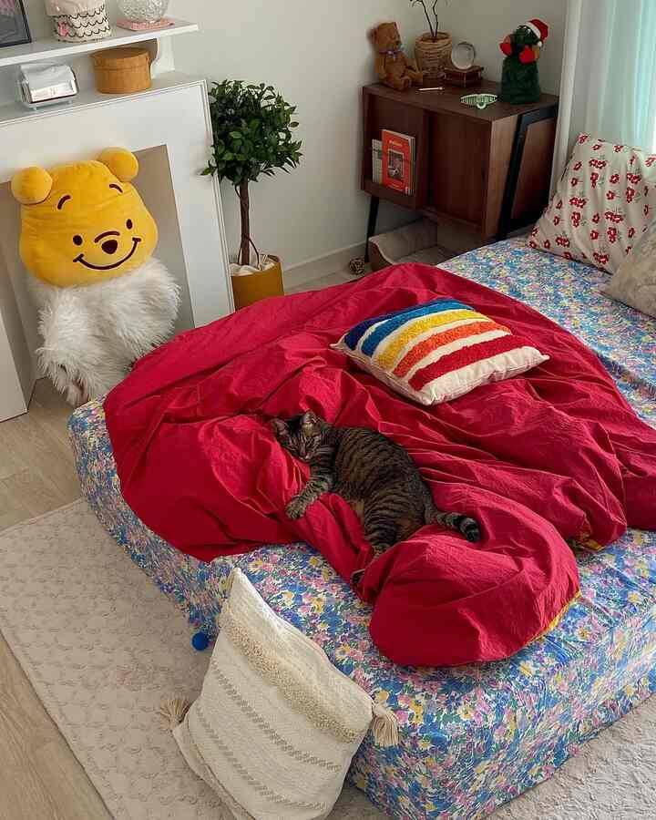 Living room with red and natural tones, featuring a floral sofa bed and a red duvet with a cat resting, creating a cozy atmosphere
