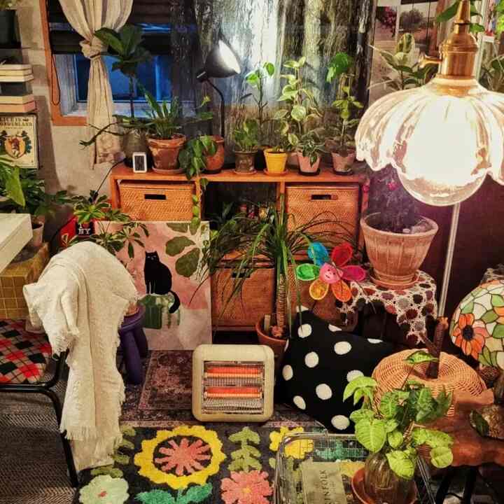 Natural-toned living room featuring various plants, rattan baskets, and a home heater creating a cozy, nature-inspired space