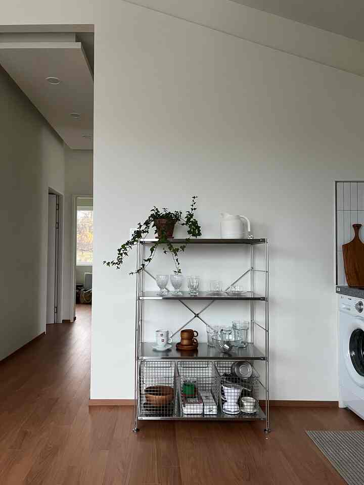 白い壁と木目調の床のキッチンスペース、ステンレス製棚に食器と植物を配置した、シンプルで自然な雰囲気のインテリア