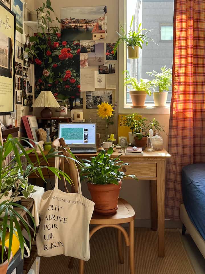 Cozy natural home office featuring wooden desk, vibrant yellow curtains, and assorted plants illuminated by natural light