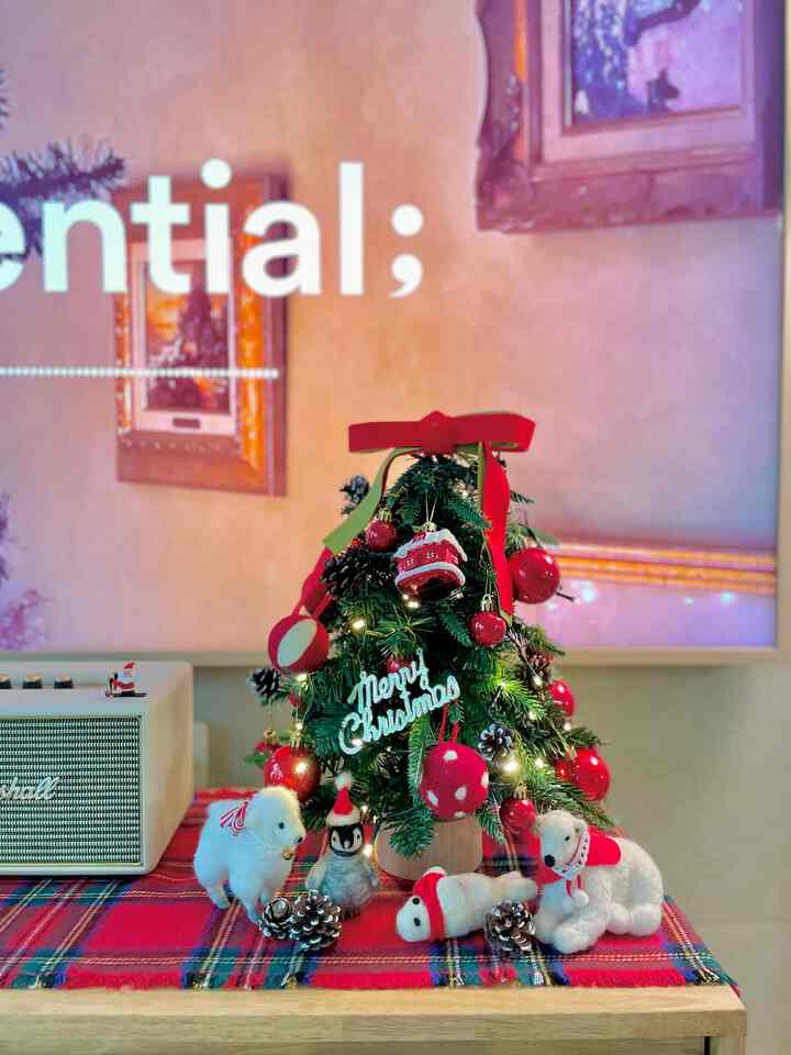 Awal dari persiapan Natal yang matang🎄
Mulailah dengan menyiapkan pohon mini yang berukuran kecil namun terlihat jelas. 
Mereka bahkan menyalakan lampu yang berkelap-kelip, membuatku ingin segera mendengarkan lagu-lagu Natal.