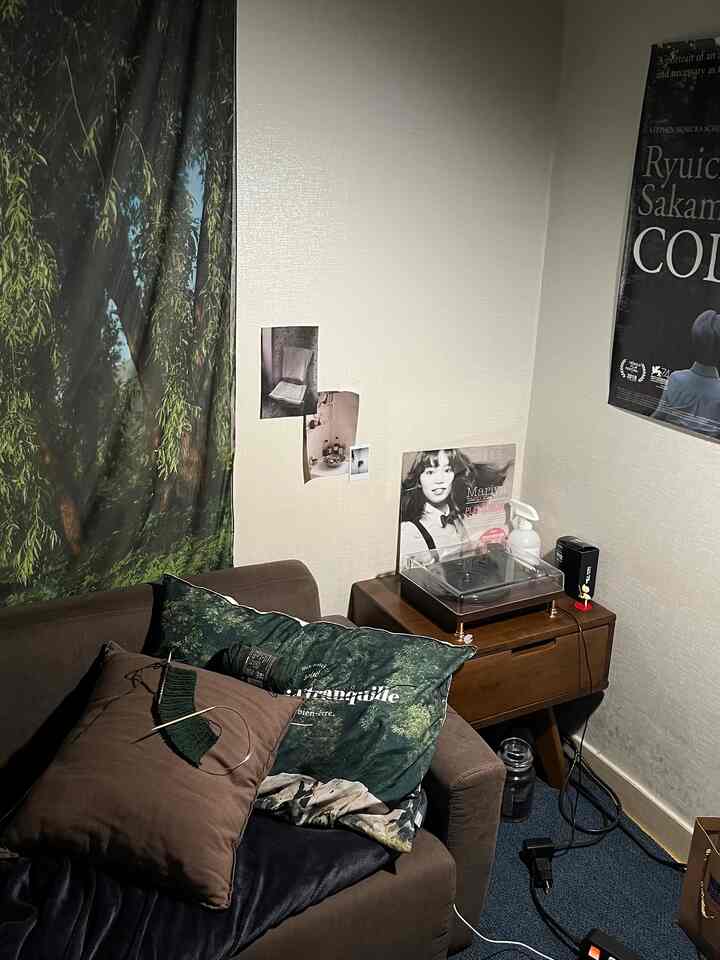 Retro-style living room with dark brown sofa and green tree-patterned curtain, featuring a wooden side table holding a turntable and posters