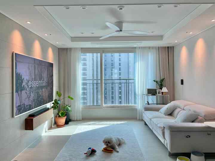 White-toned newly constructed apartment living room featuring indirect lighting, ceiling fan, and a dog in a clean, modern interior