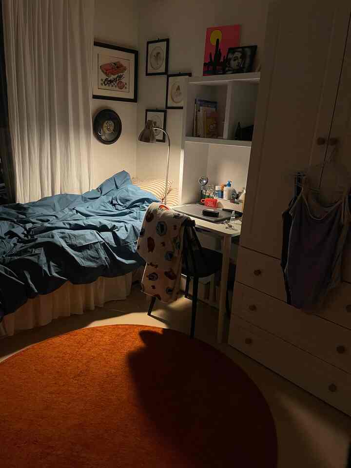 Small bedroom in white and blue tones featuring orange rug and bookshelf, creating a cozy atmosphere