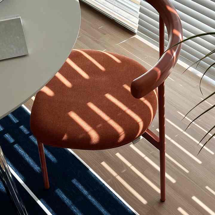 Living room with a circular dining chair in rust orange and a navy rug, bathed in warm natural light