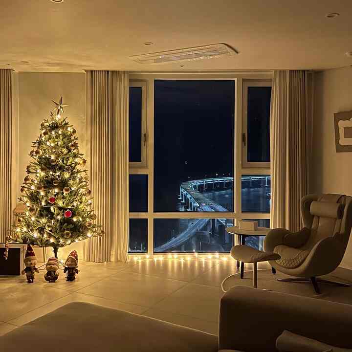 White and beige toned living room featuring a decorated Christmas tree and string lights creating a simple modern atmosphere