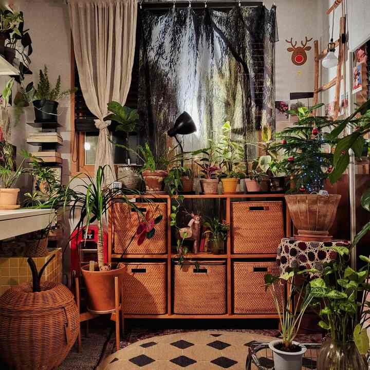 Cozy living room in warm beige and brown tones, featuring rattan storage cabinets and abundant plants with a comforting night mood
