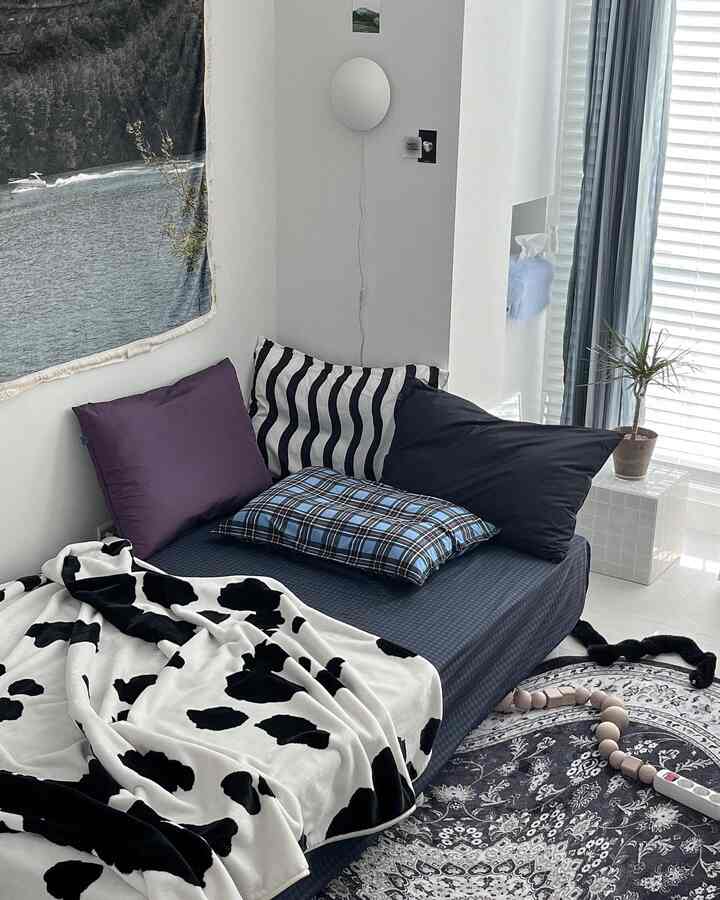 A white and black toned bedroom featuring calm cushions and patterned rug in a simple, cozy setting