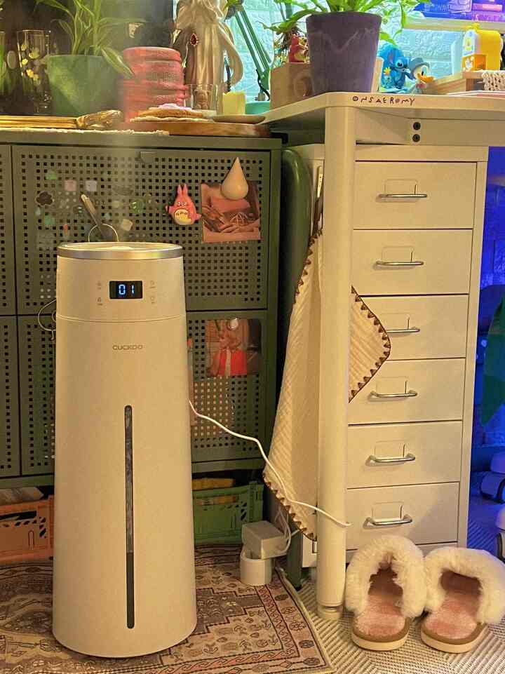 ホワイトとナチュラルカラーの小さい部屋、ククー加湿器と収納棚が配置された雰囲気のあるインテリア