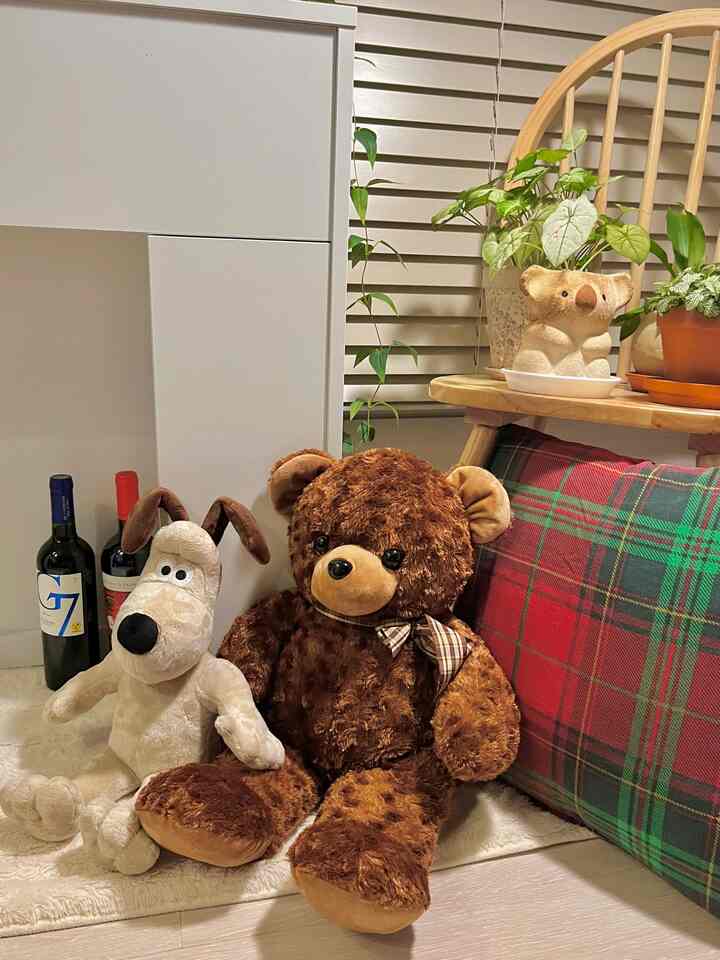 A cozy corner in the living room with white and brown tones featuring cushions, teddy bear plush, and houseplants