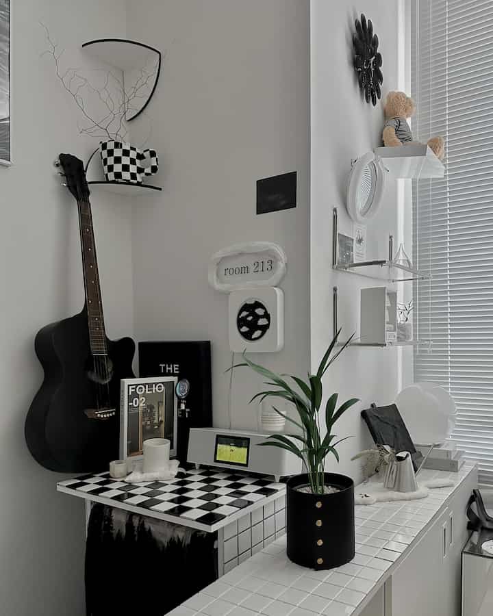 Monotone black and white living room corner featuring a guitar, wall shelves, and a plant with a modern vibe