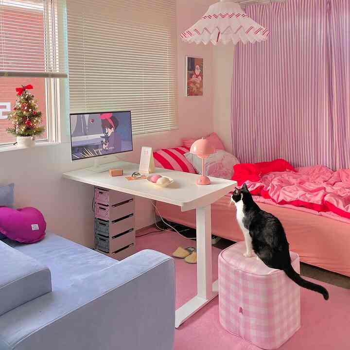 Pastel pink and white toned studio bedroom and workspace featuring a pink rug, cat on plaid stool, and computer desk in a cozy setting