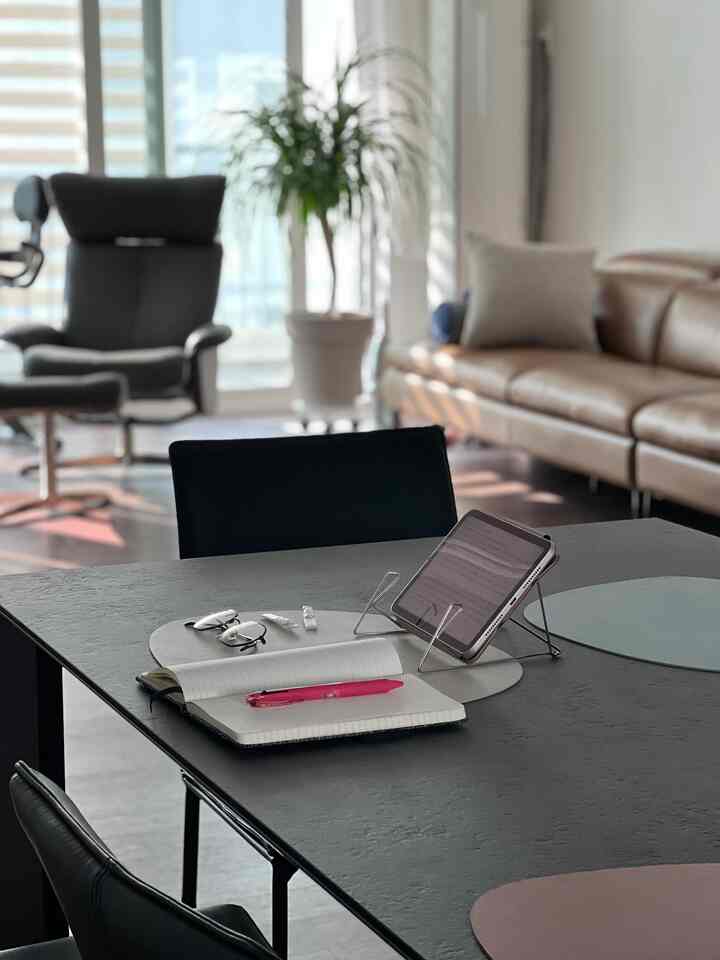 Natural light-filled living and dining room with black and brown tones, featuring a sofa, armchair, and table set with a notebook and tablet in a minimalistic setting