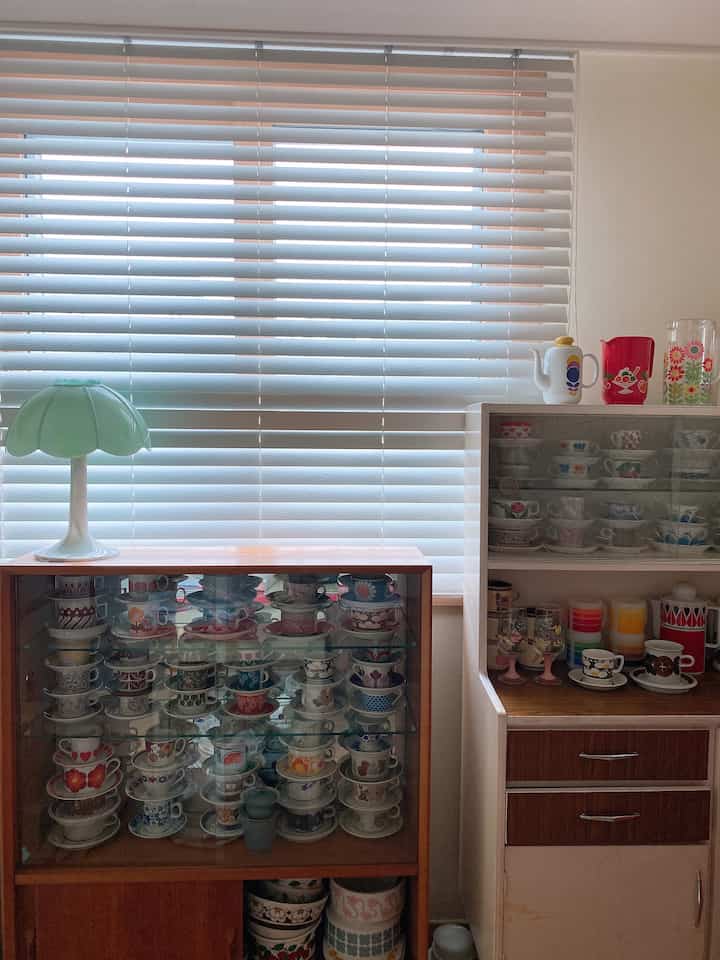 Vintage style space featuring white blinds and wood tone cabinets displaying cup sets