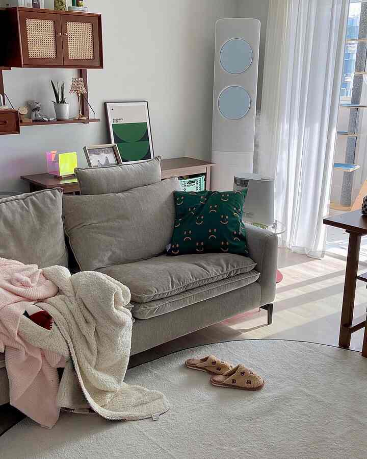 Beige and natural-toned living room featuring beige sofa, circular rug, and a cat tower, creating a cozy atmosphere