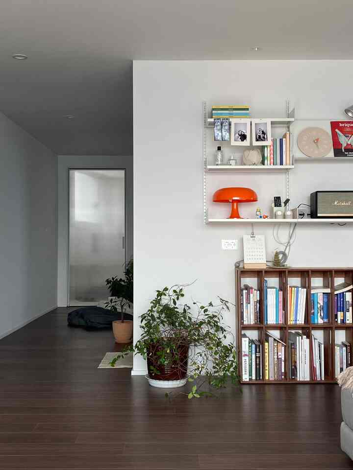 Natural tone living room with white and brown colors featuring bookshelf and plants in a calm atmosphere