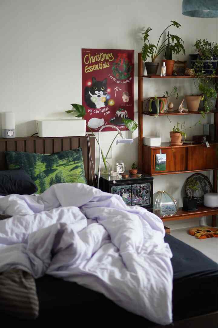 White and wood-tone bedroom featuring plants and storage units with a hotel-like cozy atmosphere