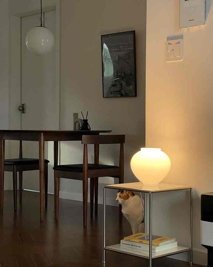 Living room with white walls and brown wooden furniture, featuring a metal side table lamp and a cat for a cozy atmosphere