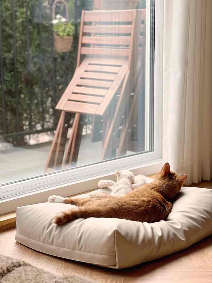 A natural toned veranda window-side space featuring a beige pet bed with a brown cat resting peacefully